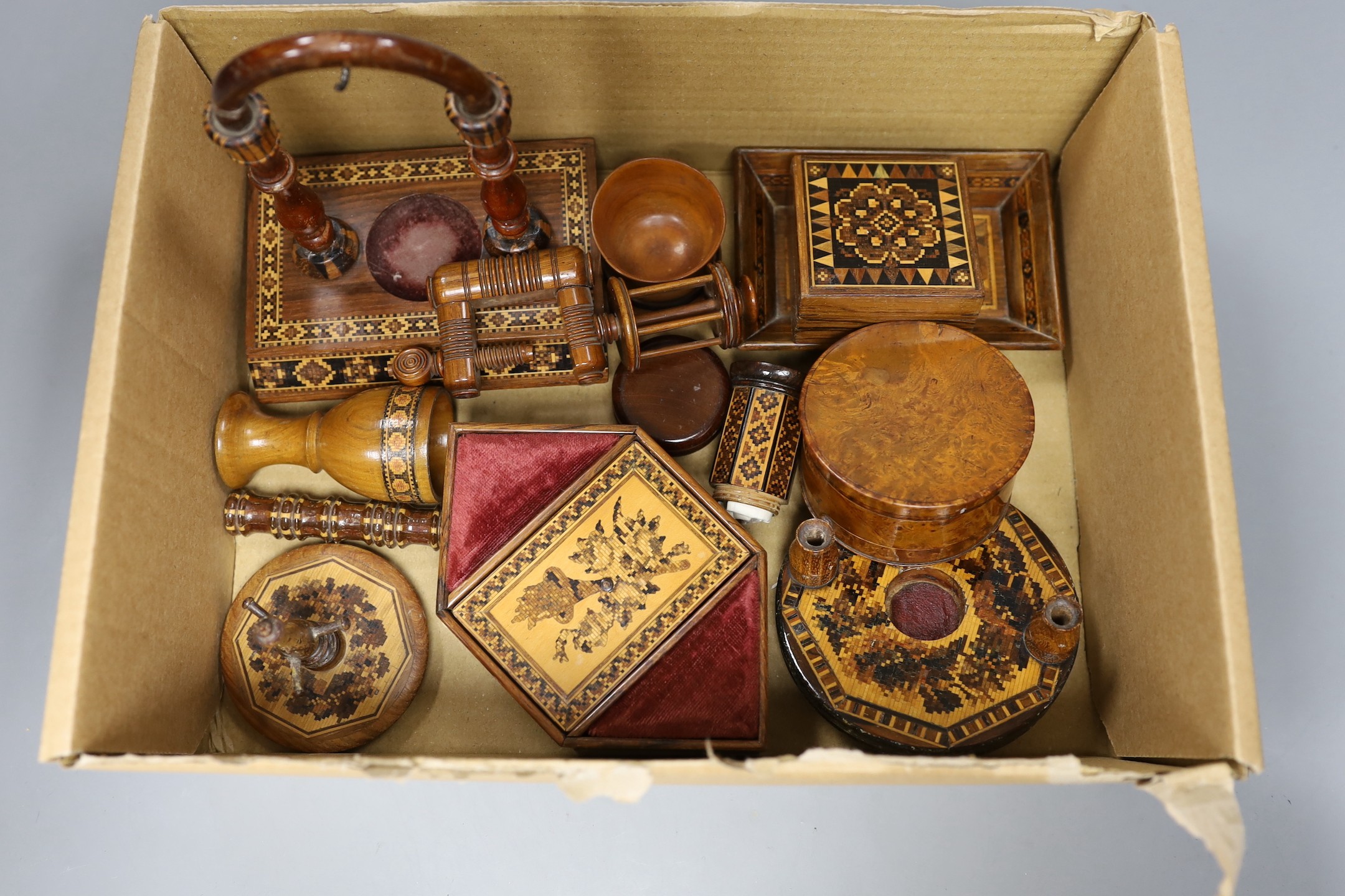 A collection of Tunbridge ware boxes, a watch stand, sewing related items, etc